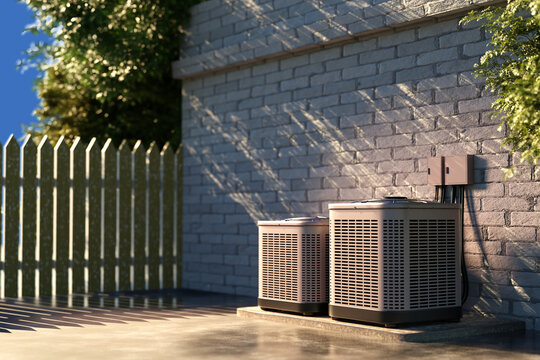 Climate equipment. Air source heat pump fitted outside. Conditioning units near wall. Two air source heat pumps in open air. Climate control equipment for residential buildings. Vents blocks. 3d image
