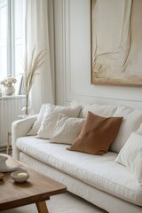 Cosy and stylish interior design of living room with modular white sofa, wooden furnitures, paintings on the wall, decorations, windowsill and personal accessories. Home styling. Template.