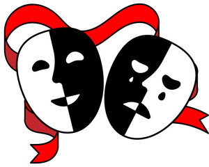 Theatre Masks with a ribbon, tragedy or comedy acting concept