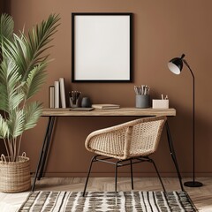 Obraz premium Creative composition of workplace interior with mock up poster frame, wooden desk, rattan chair, black rack, patterned rug, plant, brown wall, books and personal accessories. Home decor. Template.