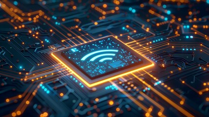 The heart of connectivity: a glowing WiFi symbol embedded in a complex circuit board, showcasing the power of modern technology with vibrant blue and orange hues.