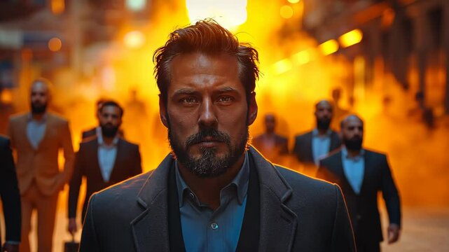 Portrait of confident middle-aged man with Mediterranean features walking through fire-lit alley, symbolizing power, leadership, and rebellion. Ideal for movie posters, motivational ads, or thriller p - Powered by Adobe