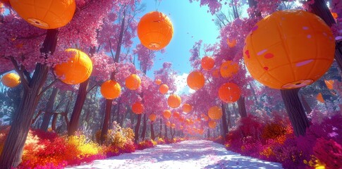 A beautiful pathway through pink trees and glowing orange lanterns
