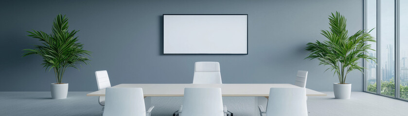 modern conference room with minimalist design, featuring large blank screen, white chairs, wooden table, and green plants