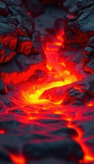 Fototapeta premium Molten rock flows, incandescent orange and red, smooth surface, high resolution, magma