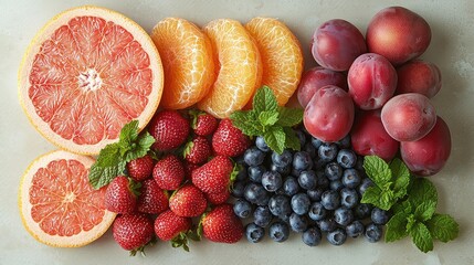 Naklejka premium Colorful summer fruits and berries arrangement. Healthy food flatlay for recipe blog or magazine