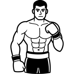 Fototapeta premium The Boxer's Stance: A determined and strong boxer stands ready, embodying the essence of strength and resilience in a striking line art illustration.