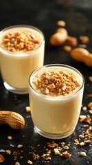 Peanutty Dessert Smooth drinks, peanuts, crushed topping on a dark surface. Delicious treat!
