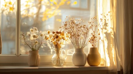 Sunlit Windowsill Still Life: Dried Flowers in Ceramic Vases