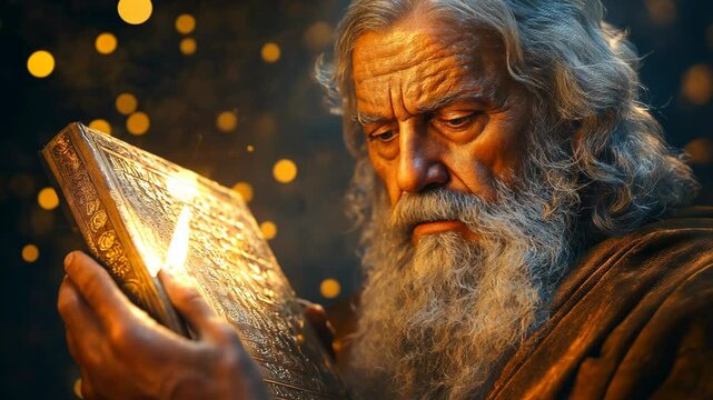 Portrait of wise elderly Middle Eastern man with long gray beard holding golden glowing testament, ideal for religious stories, Bible education visuals, and historical or faith-based content