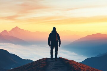 Fototapeta premium Dreamy Silhouette of Wanderer in Foggy Mountain Landscape at Dusk