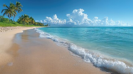Fototapeta premium Tropical beach paradise; calm turquoise ocean waves gently lapping sandy shore, palm trees & fluffy clouds; ideal for travel brochures