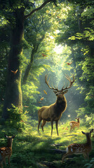 Majestic Stag in Serene Forest Glade Surrounded by Grazing Deer and Fluttering Birds