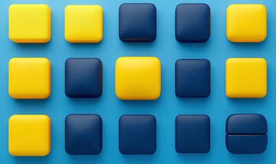 Abstract Composition of Yellow and Navy Blue Geometric Shapes on a Bright Blue Background Creating a Modern Artistic Display of Color and Form