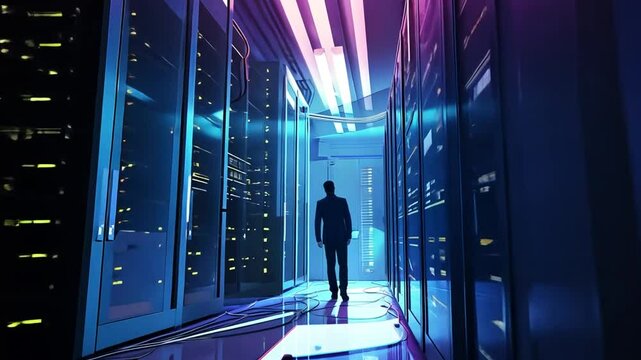 Rechenzentrum mit Person im Serverraum