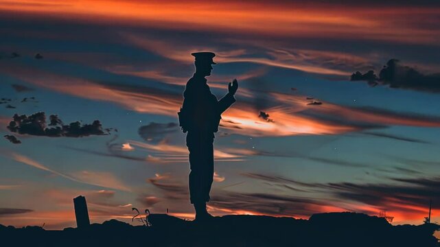 Soldat salutiert bei Sonnenuntergang &uuml;ber Landschaft
