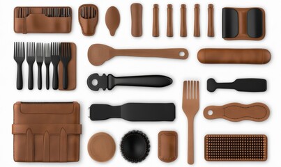 Various Kitchen Utensils and Tools in Brown and Black Colors Arranged on a White Background for Culinary and Food Preparation Activities
