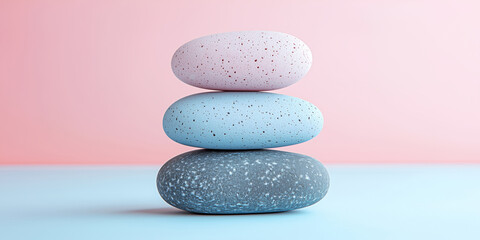 Stacked zen stones on pastel blue and pink background. Meditation and balance concept. Minimalist wellness photography.