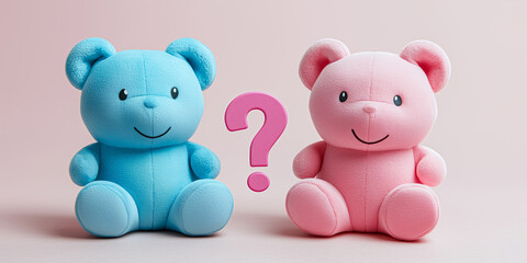 Obraz premium Blue and pink teddy bears with question mark between them. Gender reveal concept. Baby shower decoration.