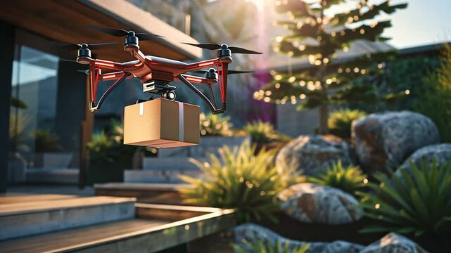 Drohne liefert Paket im Gartenbereich