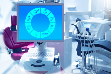 Dentist equipment. Orthodontist computer. Monitor with teeth icons. Dental technologies. Equipment for dental treatment. Computerized dentist working with teeth. Dentist office with modern technology