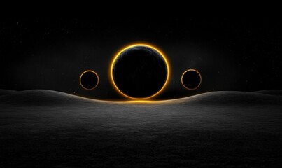 Stunning celestial scene featuring glowing planets and a dark, cosmic landscape with a mystical atmosphere and captivating visual elements