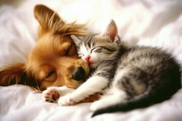Sleepy dog and kitten cuddle on bed