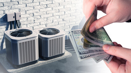 Air conditioning units near wall. Money for purchase of ventilation equipment. External air...
