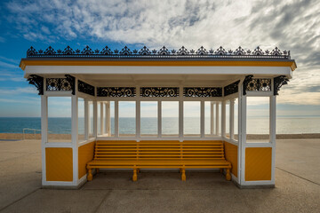 Painted Victorain shelter pavillion on Southsea seafront. Portsmouth, Hampshire.