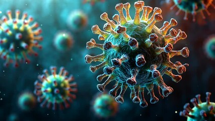 Microscopic close-up of coronavirus structure with spike proteins in teal, orange, and red hues for healthcare design, pandemic awareness, scientific visuals, or medical education content - Powered by Adobe