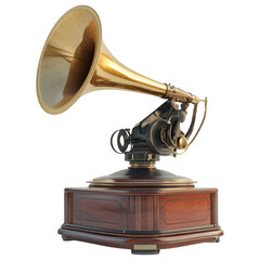 Retro Gramophone with Brass Horn and Wooden Base