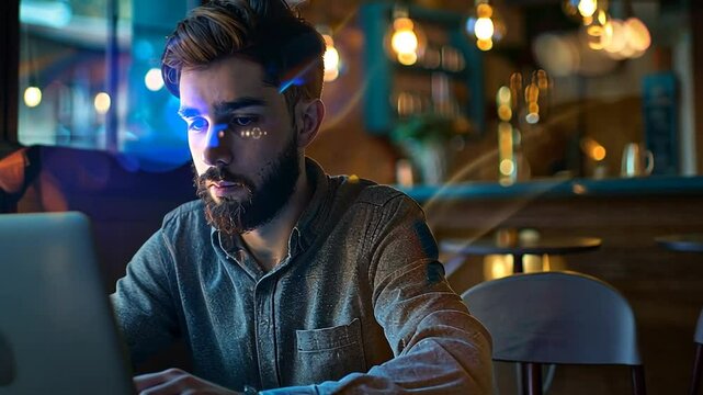 Mann arbeitet fokussiert im Caf&eacute;