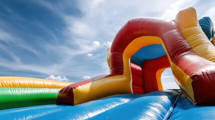 A vibrant and playful image of a colorful bouncy castle set against a clear blue sky, evoking feelings of joy and childhood memories of festive celebrations and fun.