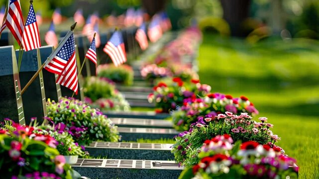 Amerikanische Flaggen auf gepflegtem Friedhof