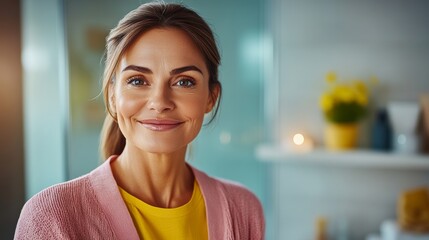 Naklejka premium Woman with a pink sweater and yellow shirt is smiling