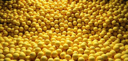 A massive, overflowing mound of yellow tennis balls, yellow background, pile, lots of balls