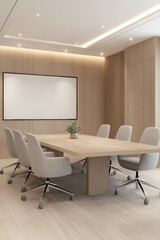 Modern conference room with wooden table, comfortable chairs, and blank screen, creating professional atmosphere