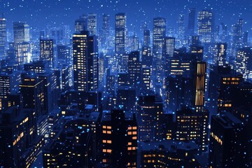 Naklejka premium A nighttime view showcasing a cityscape with illuminated buildings and sky