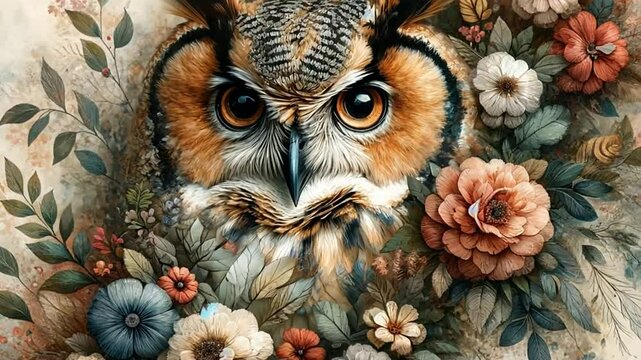 Eule zwischen Blumen und nat&uuml;rlichen Farben