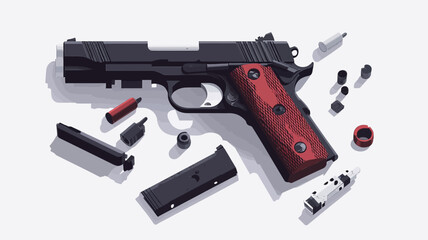 A digital illustration depicting a handgun disassembled into its individual parts. The handgun is predominantly dark grey with red grips. The parts are scattered around the main body of the weapon