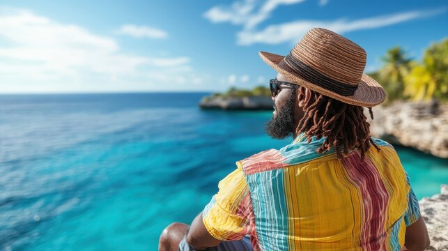 A stylish traveler with dreadlocks and a straw hat enjoys the serene ocean view, highlighting relaxation and the beauty of nature in a tropical paradise setting.
