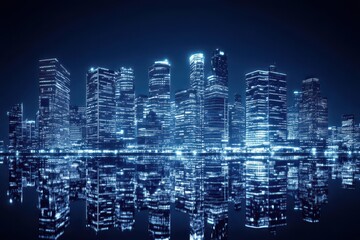 Illuminated City Skyline Reflected in Calm Waters at Night