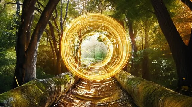Goldenes Lichtportal in Waldszenerie