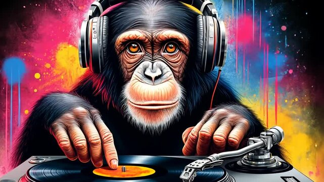 Affe mit Kopfh&ouml;rern als DJ bei Party