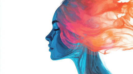 Fototapeta premium A digital illustration of a woman's profile, rendered in shades of blue, with vibrant orange, red, and pink flames emanating from her head, resembling flowing hair. The style is abstract and