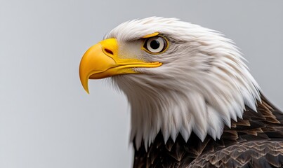 Obraz premium Majestic Bald Eagle Portrait with Sharp Beak and Intense Gaze Against Neutral Background, Capturing the Spirit of Freedom in Nature