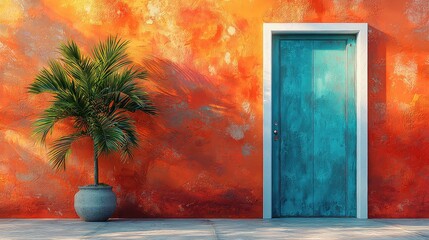 Teal door, orange wall, tropical plant, sunlight, summer vacation home