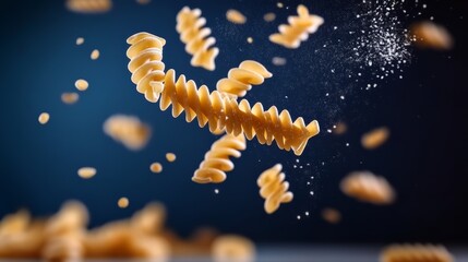 Pasta is flying through the air, with some pieces landing on a table