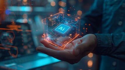 A programmer gently cradles the future of AI, a vibrant digital cube pulsating with technological innovation and potential, glowing with warm, futuristic light.
