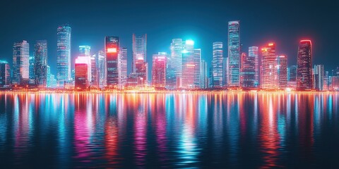 Fototapeta premium Illuminated futuristic city skyline reflected upon a calm body of water